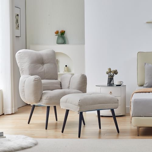 CLIPOP Ohrensessel Leinen mit Hocker, Relaxsessel mit Liegefunktion, Sessel & Ottomane, Polsterstuhl & Kissen, Fernsehsessel, TV-Sessel für Schlafzimmer, Wohnzimmer (Beige)