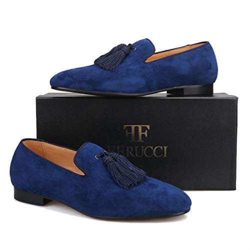 FERUCCI Men Navy Suede Slippers Loafers Flat with Big Navy Tassel2