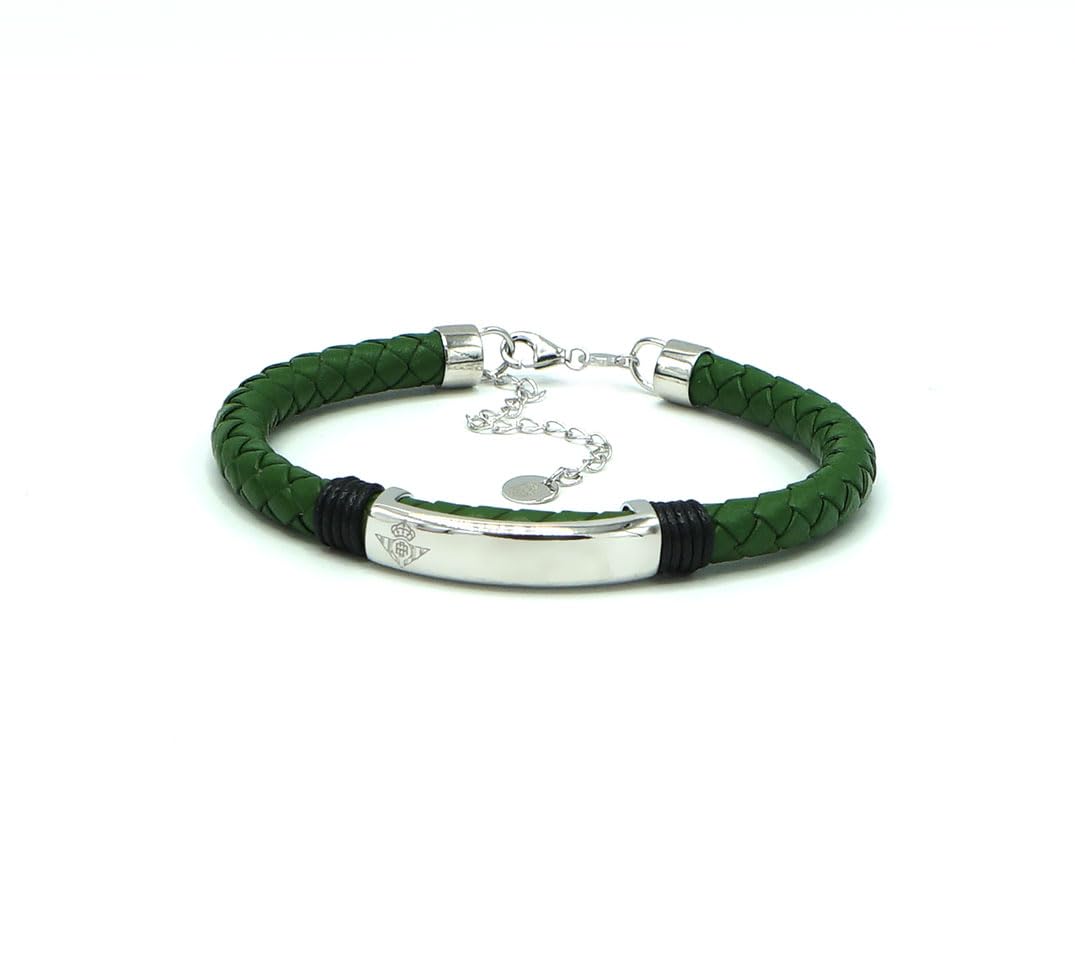 Pulsera Oficial Real Betis en cuero y acero. Placa lisa con Tarjeta