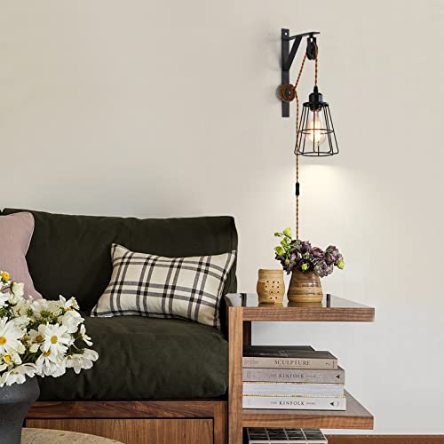 Image of Industrial Rustic Cage Wall Lamp Bracket Pulley Lights Fixture, Farmhouse Pendant Lamp Adjustable Hanging with Plug in Cord - Retro Wall Sconce for Indoor Living Room Restaurant (1-Pack)