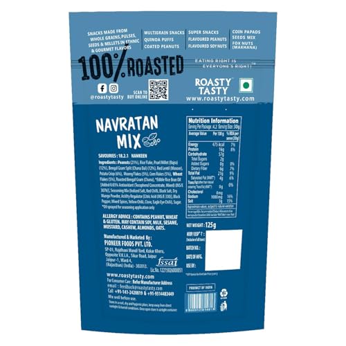 Image of Roasty Tasty Navratan Mix 125g | Healthy Roasted Namkeen with Millets, Peanuts & Dry Fruits | No Palm Oil Snacks & Millet Namkeen | No Added Sugar | Protein-Rich Indian Snack | Guilt-Free Tea Time Mix | Clean Label Snacks for Adults