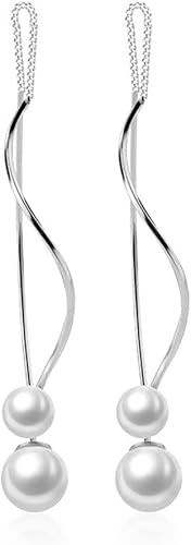 SLUYNZ Sterling Silver Pearls Dangle Earrings Curve Chain for Women Girls Pearls Threader Wedding Earrings for Brides