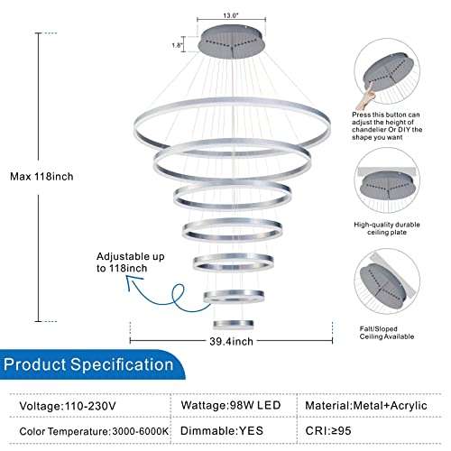Led Chandeliers 7 Rings Silver Modern Chandeliers Large High Ceiling Chandelier Contemporary Foyer Chandelier For Dining Room Living Room Staircase Entryway(Dimmable,Remote Control,3000-6500K) #TOP6