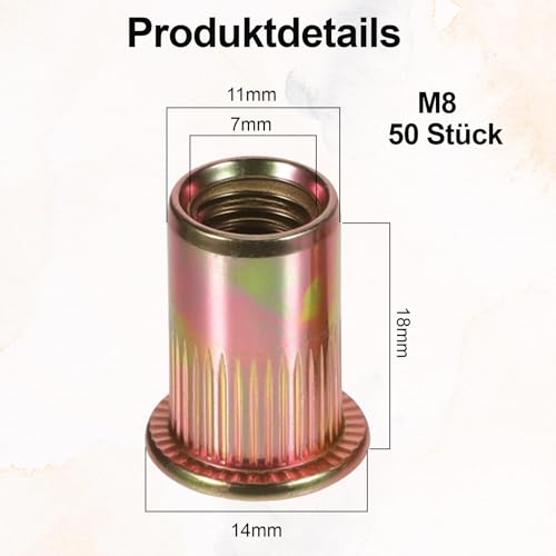 50 Stück ​​Nietmuttern M8​​, ​​Blindnietmuttern​​ aus ​​Kohlenstoffstahl​​ Verzinkt, ​​Flachkopf Innengewinde Rivet​​, Nietmuttern M8 ​​Einziehmuttern​​ für ​​Gewindenieten​​, Industrie, Auto, Möbel