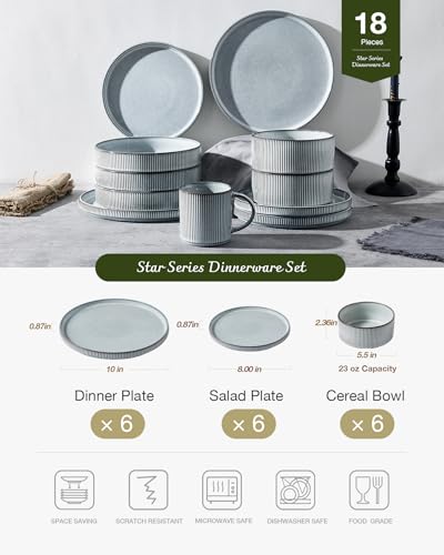 Image of Famiware Star 18-Piece Reactive Glaze Plates and Bowls Sets, Service for 6 - Stoneware Dinnerware with Trim, Modern Rustic Dishes, Chip & Scratch Resistant, Microwave & Dishwasher Safe, Smoky Blue