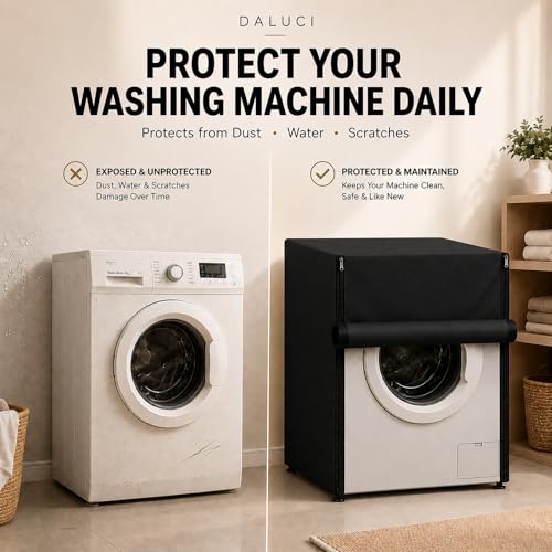 Image of DALUCI Washing Machine Cover Front Load for 6 Kg, 6.5 Kg, 7 Kg & 7.5 Kg Fully Automatic Machines | Waterproof Dustproof Polyester Protective Cover with Zipper (Black, 59X59X86 CM)