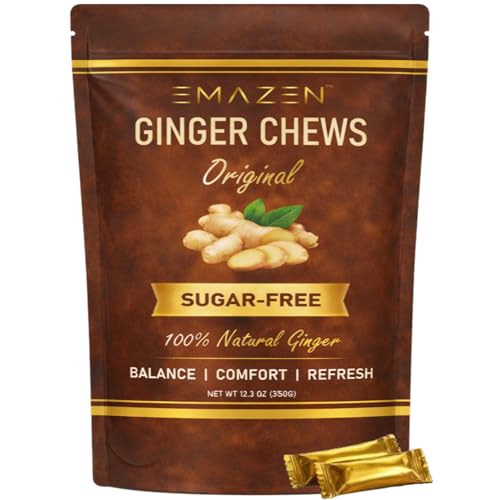 EMAZEN Ginger Chews Sugar Free Ginger Candy for Nausea & Motion Sickness Support Low Calorie Healthy Snacks Natural Candy 50 Count 12.3 OZ