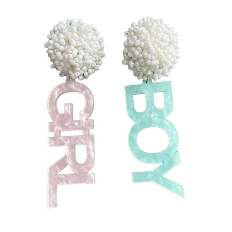 Boy Girl Gender Reveal Earrings Beaded Ball Stud Blue Pink Acrylic Letter Earrings for Gender Reveal, Pregnancy Announcement, Baby Shower Party-A