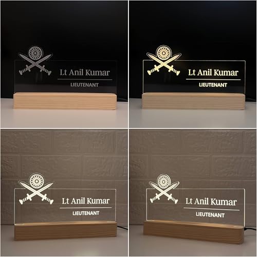 Image of Personalized Acrylic Desk Name Lamp for Army Officers | Custom LED Light with Name, Designation & Regimental Crest | Lieutenant, Major, Colonel, Brigadier, General Gift | Best Indian Army Gift (10 x 6 inch) (For Army Officer)