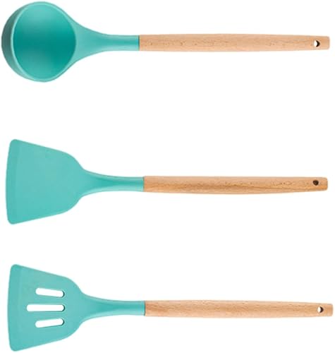 Silicone Cooking Utensils Set 3Pcs Spatula Ladle and Stir-Fry Spoon Non-Scratch Kitchen Tools for Home Cooking and Food Preparation