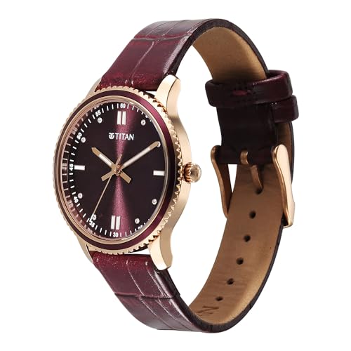 Image of Titan Purple Sports Fashion Quartz Maroon Dial Leather Strap Watch for Women