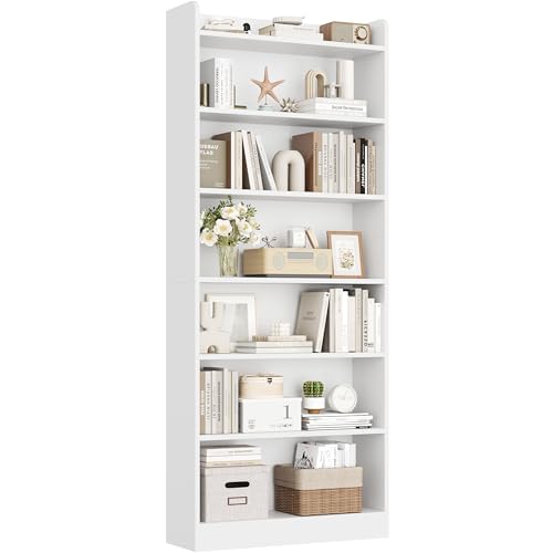 Yaheetech Libreria a 7 Ripiani, Scaffale in Legno con Ripiani Regolabili, 60 x 24 x 180,5 cm, Libreria Verticale Salvaspazio per Soggiorno, Cameretta, Studio, Ufficio, Bianco