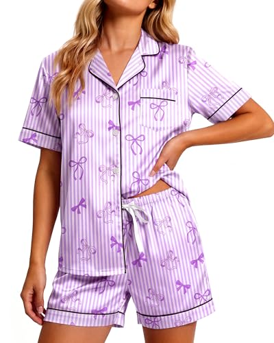 Womens Silk Satin Pajamas Set Short Sleeve Pj Soft Button Down 2 Piece Pjs Shorts Sets Lingerie Notch Collar Loungewear Ladies Pajama Womens Cute Silky Lounge Set Purple Stripes Bow Nightwear M