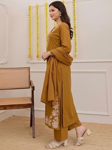 Image of ANNI Designer Pure Cotton Embroidered Kurta Set for Women | Rust Orange Kurta with Pants & Dupatta | Floral Neck & Hem Embroidery | Cotton Kurta Set for Women | 10 Colour Options Available