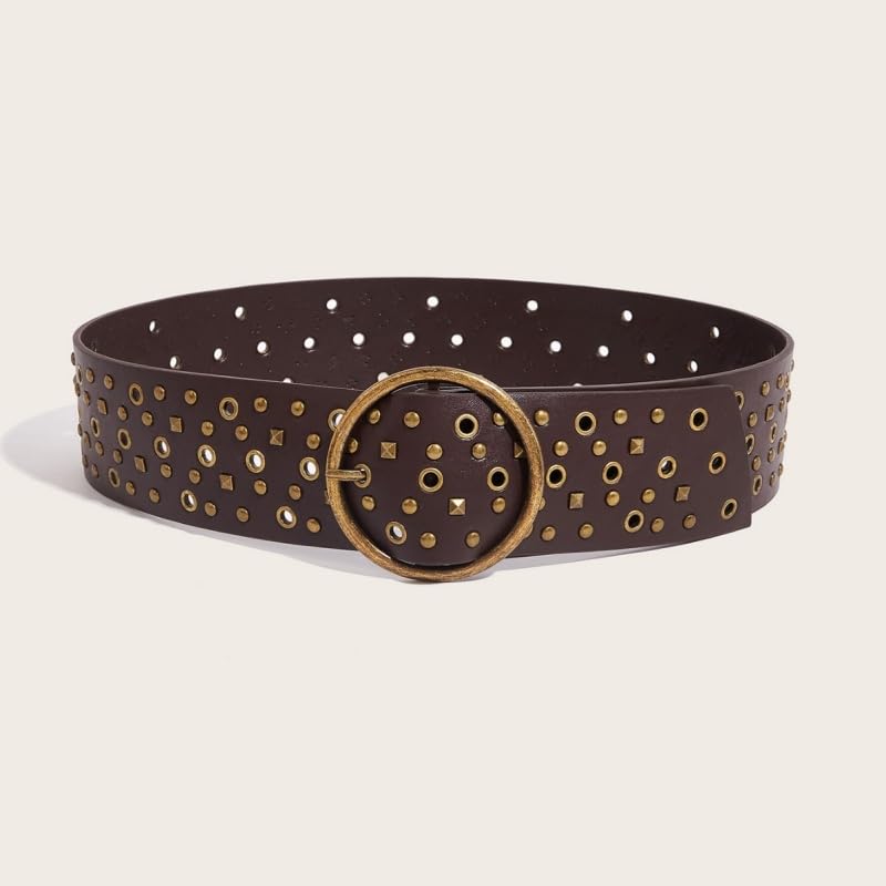 Women Retro Wide Leather Belt Vintage Studded Hollowed Metal Buckle Boho Wide Waist Belts Grunge Western Cinch Waistband3