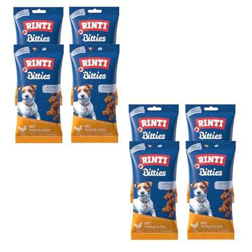 Rinti Bitties Huhn + Käse | 8er Pack | 8 x 75 g | Snack für ausgewachsene Hunde | Extra weich | Ohne Zucker & Soja | Mit wertvollem Omega 3 | Viel frisches Fleisch