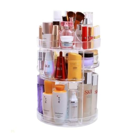Organizador de Maquiagem Giratório 360°, 3 Níveis, Acrílico Transparente, Suporte para Cosméticos e Pincéis