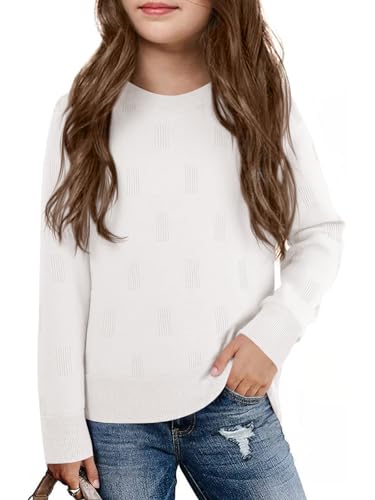 Image of Haloumoning Girls Knit Sweaters Casual Long Sleeve Textured Pullover Tops Kids Loose Fit Comfy Fall Clothes 5-14 Years