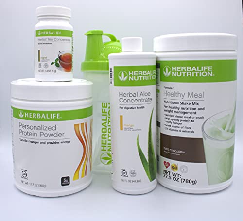 HERBALIFE COMBO FIVE FORMULA 1 Healthy Nutritional Shake Mix (Mint Chocolate 780g)-HERBAL ALOE CONCENTRATE PINT 473ml-PERSONALIZED PROTEIN POWDER 360g-HERBAL TEA CONCENTRATE 51g with SHAKER CUP and SPOON