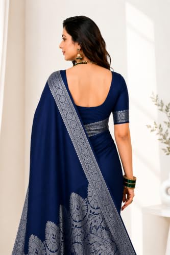 Image of Women's Glory Banarasi Satin Kanjivaram Saree Silver Zari Border Pure Soft Blend Silk Sari Kanchipuram Paithani Silk Party Wedding Festive New Ladies Sadi with Unstiched Blouse Piece.