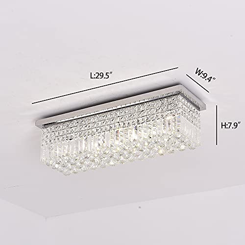 Image of Ceiling Light for Dining Room, Flush Mount Modern K9 Crystal Light Fixture, Rectangular Chandelier for Kitchen Island, L29.5inch, Chrome Finish