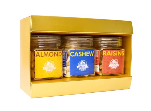 Image of Nature's Blend Essential Dry Fruits Selected Gift Set | Festive New| Badam Kaju Kishmish | Pack of 3 x 100g Jars | Healthy Gifting for all occassion | Almond, Cashew, Raisins | Perfect Corporate & Festive Dry Fruit Gift Hampers | Perfect Corporate Gift Hamper