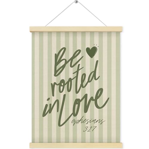QEJ Sage Green Christian Wall Art Decor, Be Rooted in Love Bible Verse Canvas Poster Hanger Frame, Preppy Green Striped Religious Wall Decorations for Bedroom Home Decor, 12x16 Inch
