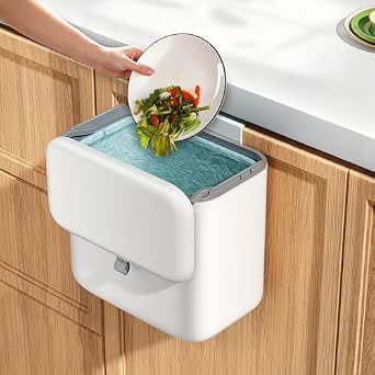 Compost Bin Kitchen for Countertop or Under Sink, 2.6 Gallon Hanging Small Trash Can with Lid, Indoor/Outdoor Food Waste Bin for Kitchen, Bathroom, RV, Office, White