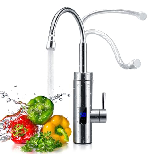 Wasserhahn mit Durchlauferhitzer, 360° Wasserhahn, 3000 W Durchlauferhitzer, Edelstahl-Wasserhahn mit LCD-Temperaturanzeige für Küche, Garten und Wohnwagen (A)