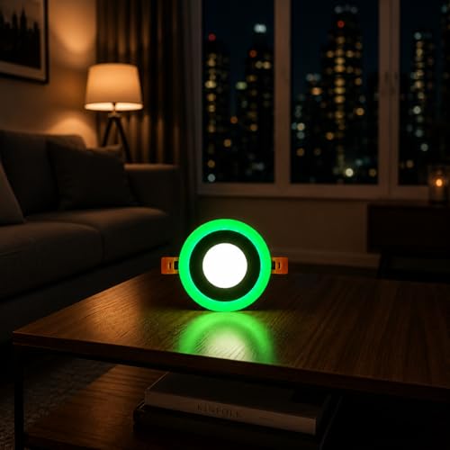 Image of OLIPS 6W (3+3) LED Ceiling Panel Down Light | Dual Color Change by On /Off Switch | Fan Box POP Decorative LED | White Center & Color Ring Design (Green, 1)
