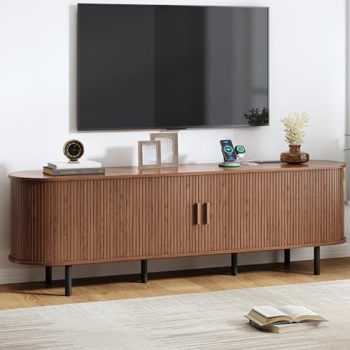 Image of 70.8 inch TV Stand with Power Outlet, Mid-Century Modern Television Stand, Fluted Media Console with Sliding Doors, Entertainment Center for TVs up to 60 Inch, Adjustable Shelves, Walnut
