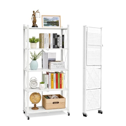 Image of 5 Tier Foldable Storage Shelf with Wheels, Heavy-Duty Metal Shelving Unit, No Assembly Book Shelf Rolling Storage Rack for Garage, Kitchen, Pantry, Closet, Exhibition, Office Decor, White