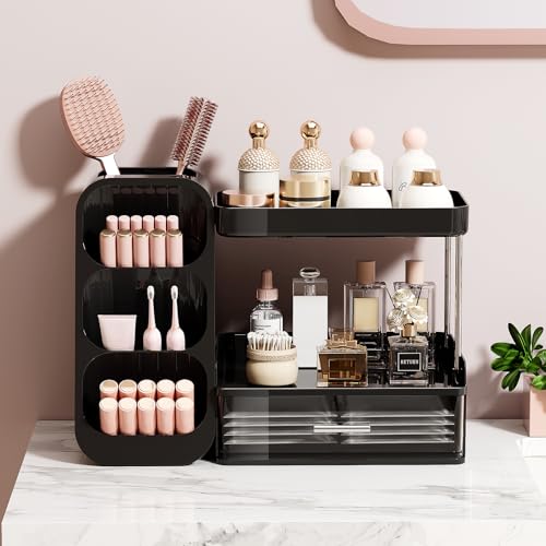 Image of UFORU Makeup Organizer for Vanity with Brush Holder, 2 Tiers Countertop Skincare, Cologne Organizer and Perfume Stand for Men Bathroom Vanity, Large Capacity Makeup Storage, Black