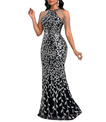 Image of Cololura Women Sexy Elegant Sequin Tassel Off Shoulder Halter Bodycon Maxi Dress Party Evening Gown Formal Dress