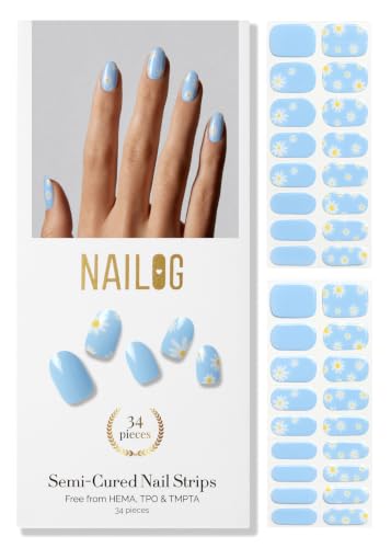 Semi Cured Gel Nail Strips - NAILOG 34 Pcs Blue Flowers Nail Stickers Extra Long Wraps with Glossy Gel Finishing for Spring Summer Petals in the Wind