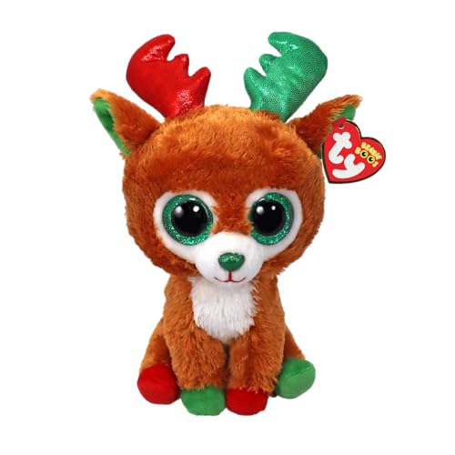 Ty Beanie Boos – Tinseltoes el Reno con Ojos Verdes Grandes y Brillantes, el Peluche con Ojos Grandes Brillantes – Especial Navidad – 15 cm – T37354