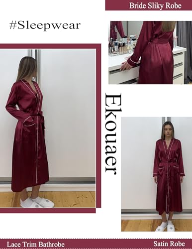 Image of Ekouaer Satin Robes for Women Long Sleeve Silk Bathrobe Soft Lightweight Full Length Sleepwear Bridesmaid Wedding Party Robes