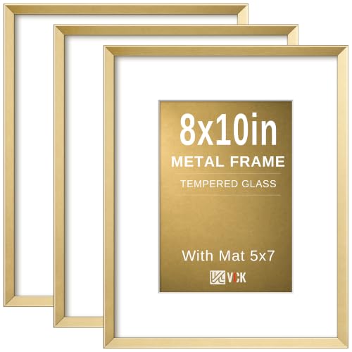 Image of VCK 8x10 Metal Picture Frames Gold Set of 3, Multi Aluminum Picture Frames Made of High Definition Real Glass for 5x7 with Mat or 8x10 Without Mat, Wall Hanging