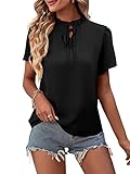 LYANER Women's Elegant Frill Mock Neck Ruffle Short Sleeve Blouse Work Shirt Top Black Small