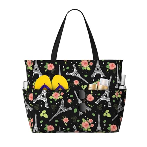 Wedding Roses Flowers Black Paris Eiffel Tower Beach Bag Women Tote Bag Pool Bag With Zipper For Gym Grocery Travel With Wet Pocket