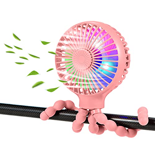 scurry Stroller Fan, Portable Desk Fan, Mini USB Fan, 2600mAH Rechargeable Battery Operated Fan with LED Light and Aromatherapy, Flexible Tripod Design Personal Handheld Fan for Stroller (Pink)