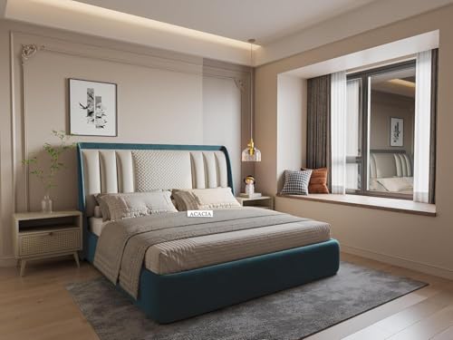 Image of Modern Upholstered King Size Bed with Box Storage for Bedroom | Wooden Double Bed with Storage | Platform Cot with Upholstery Premium Fabric | 6.5 x 6 Ft, Sheesham Wood (Teal Blue)