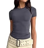 LEEDYA Women Basic Plain t Shirt Bustier Gym Crop Top Short Sleeve Elegant Blouse Tee Top 2023 Deep