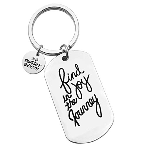Find Joy in The Journey Keychain Happy Camper RV Trailer Keyring Enjoy Retirement Keyring for Boss Coworker Men Women Vacation Keyring Gift Traveling Gift Camping Lover Gift
