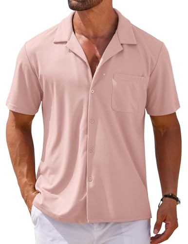 COOFANDY Men's Casual Untucked Shirt Button Down Short Sleeve Shirts Wrinkle Free Dress Wrinkle Free Business Shirt Lotus Pink