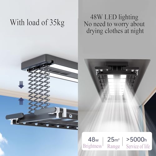 Ceiling Clothes Dryer Aluminium and Steel Electric Clothes Dryer with Remote Control,Foldable Indoor Clothes Drying Rack - Compact Retractable Design, Gray-One Size
