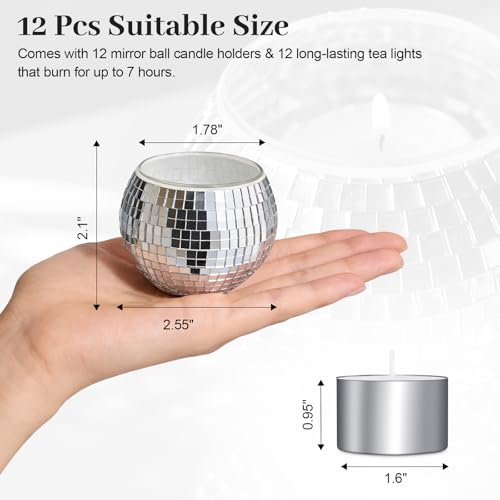 Image of Luditek Disco Ball Candle Holders, 12 Pcs Mirror Silver Decor for Christmas Birthday Wedding NYE Party Decorations, Glass Votive with Tealights for Home Table Centerpiece, Gifts for Women