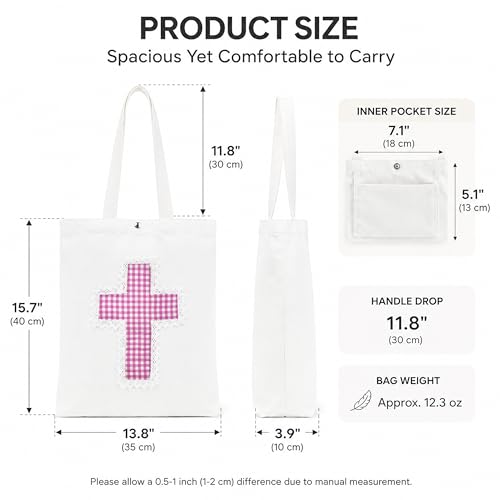 Image of Christian Tote Bag Gift for Women, Canvas Bible Bag Handmade Floral Cross | Christian faith-inspired gift, handcrafted cross with lace, inner pocket, snap closure, bottom gusset, church Bible study use