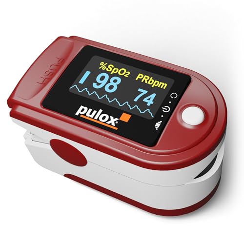 Pulsoximeter Pulox PO-200 Solo in Rot - Messung von Sauerstoffsättigung (SpO₂), Herzfrequenz (Puls) und Perfusions Index (PI)