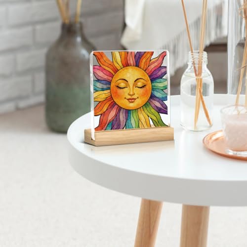 Image of Summer Sunshine Gifts, Inspirational Sun Sunshine Acrylic Sign Desk Decor, Pop Smiles Wooden Block Sign Decorations for Home Office Girls Dorm Room Nursery Playroom Tabletop Shelf Decor